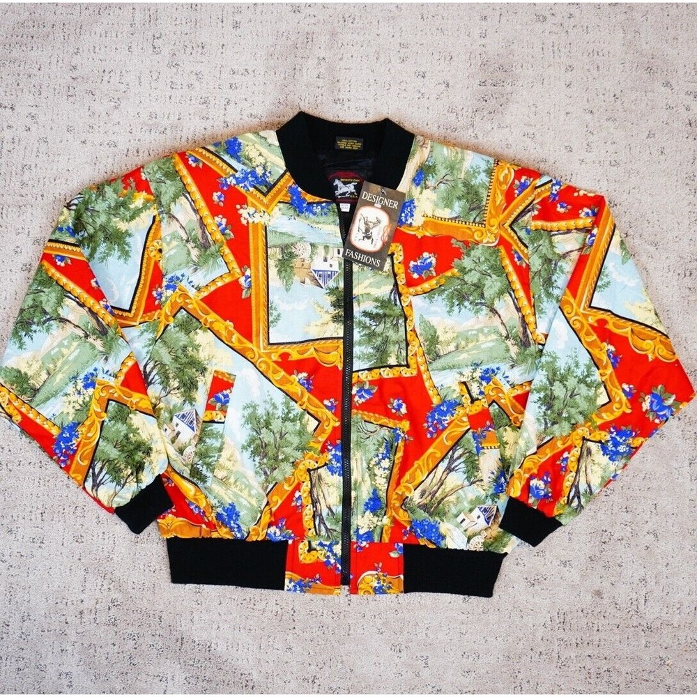 Vintage Women's Oversized Light Jacket  All Over Print Full Zip Padded Shoulders